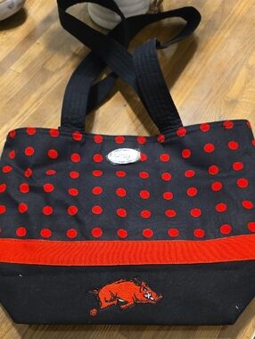 Black and Red Polka Dot Tote Bag with Razorback Accent